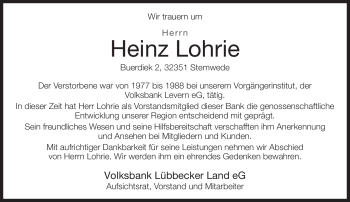 Todesanzeige von Heinz Lohrie von KREISZEITUNG SYKE