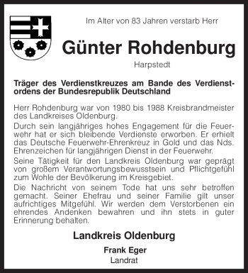 Todesanzeige von Günter Rohdenburg von KREISZEITUNG SYKE