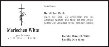 Todesanzeige von Mariechen Witte von KREISZEITUNG SYKE