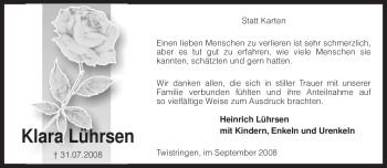 Todesanzeige von Klara Lührsen von KREISZEITUNG SYKE