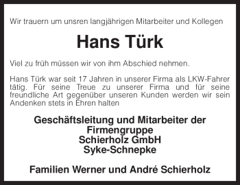 Todesanzeige von Hans Türk von KREISZEITUNG SYKE
