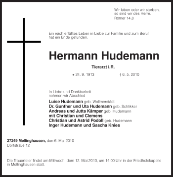 Todesanzeige von Hermann Hudemann von KREISZEITUNG SYKE