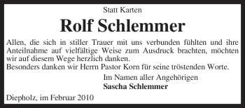 Todesanzeige von Rolf Schlemmer von KREISZEITUNG SYKE