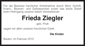 Todesanzeige von Frieda Ziegler von KREISZEITUNG SYKE