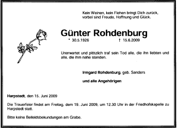 Todesanzeige von Günter Rohdenburg von KREISZEITUNG SYKE