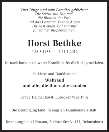 Todesanzeige von Horst Bethke von KREISZEITUNG SYKE