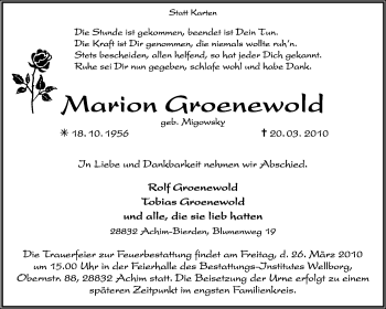 Todesanzeige von Marion Groenewold von KREISZEITUNG SYKE