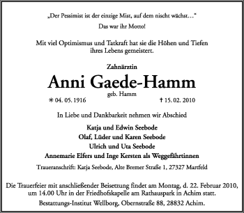 Todesanzeige von Anni Gaede-Hamm von KREISZEITUNG SYKE