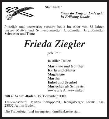 Todesanzeige von Frieda Ziegler von KREISZEITUNG SYKE