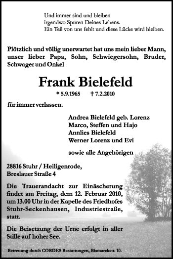 Todesanzeige von Frank Bielefeld von KREISZEITUNG SYKE