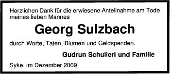 Todesanzeige von Georg Sulzbach von KREISZEITUNG SYKE