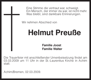 Todesanzeige von Helmut Preuße von KREISZEITUNG SYKE