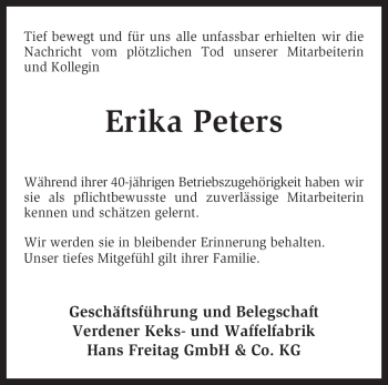 Todesanzeige von Erika Peters von KREISZEITUNG SYKE