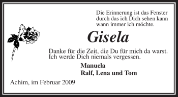 Todesanzeige von Gisela Unbekannt von KREISZEITUNG SYKE