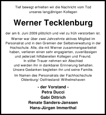 Todesanzeige von Werner Tecklenburg 