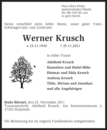 Todesanzeige von Werner Krusch von KREISZEITUNG SYKE
