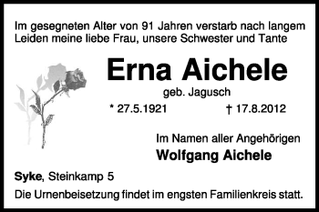 Todesanzeige von Erna Aichele von KREISZEITUNG SYKE