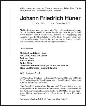 Todesanzeige von Johann Friedrich Hüner von KREISZEITUNG SYKE