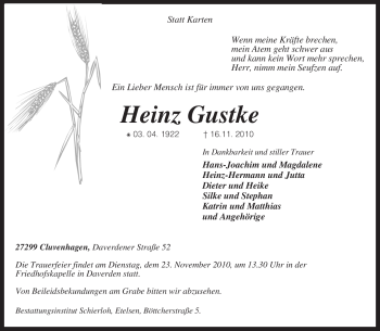 Todesanzeige von Heinz Gustke von KREISZEITUNG SYKE
