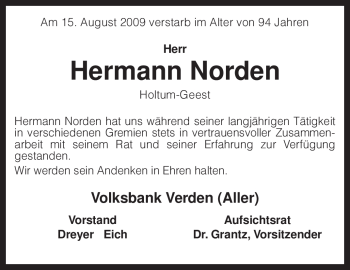 Todesanzeige von Hermann Norden von KREISZEITUNG SYKE
