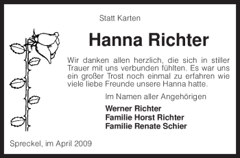 Todesanzeige von Hanna Richter von KREISZEITUNG SYKE