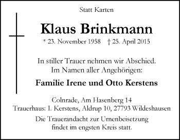 Todesanzeige von Klaus Brinkmann von KRZ