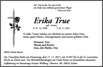 Todesanzeige von Erika True von KREISZEITUNG SYKE