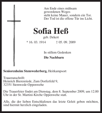 Todesanzeige von Sofia Heß von KREISZEITUNG SYKE