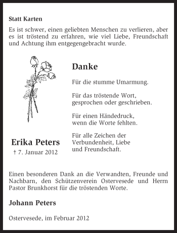 Todesanzeige von Erika Peters von KREISZEITUNG SYKE