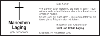 Todesanzeige von Mariechen Laging von KREISZEITUNG SYKE