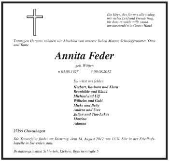 Todesanzeige von Annita Feder von KREISZEITUNG SYKE