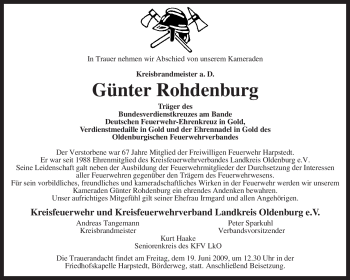 Todesanzeige von Günter Rohdenburg von KREISZEITUNG SYKE