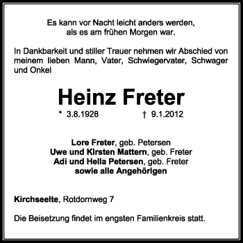 Todesanzeige von Heinz Freter von KREISZEITUNG SYKE