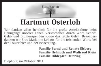 Todesanzeige von Hartmut Osterloh von KREISZEITUNG SYKE