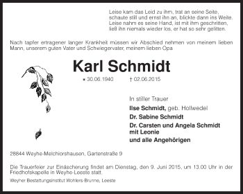 Todesanzeige von Karl Schmidt von KRZ