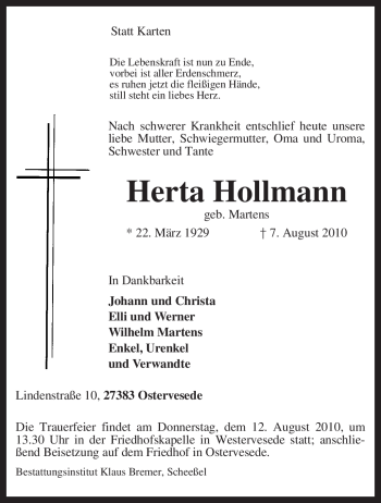 Todesanzeige von Herta Hollmann von KREISZEITUNG SYKE