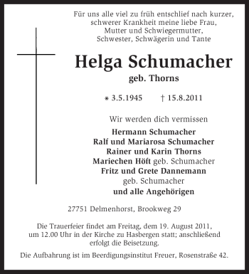 Todesanzeige von Helga Schumacher von KREISZEITUNG SYKE