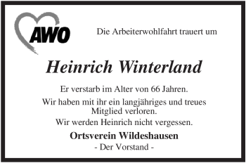 Todesanzeige von Heinrich Winterland von KREISZEITUNG SYKE