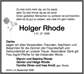 Todesanzeige von Holger Rhode von KREISZEITUNG SYKE