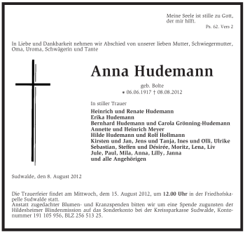 Todesanzeige von Anna Hudemann von KREISZEITUNG SYKE
