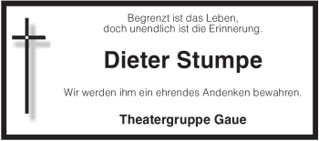 Todesanzeige von Dieter Stumpe von KREISZEITUNG SYKE