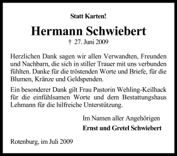Todesanzeige von Hermann Schwiebert von KREISZEITUNG SYKE