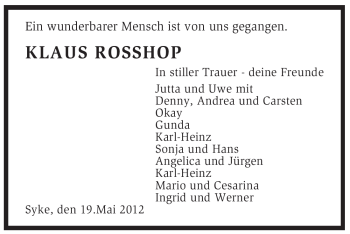 Todesanzeige von Klaus Rosshop von KREISZEITUNG SYKE
