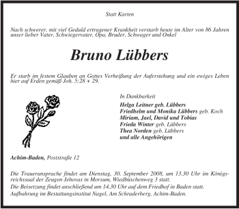 Todesanzeige von Bruno Lübbers von KREISZEITUNG SYKE