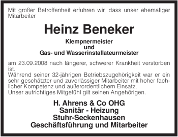 Todesanzeige von Heinz Beneker von KREISZEITUNG SYKE