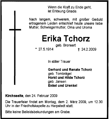 Todesanzeige von Erika Tchorz von KREISZEITUNG SYKE