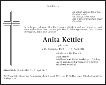 Todesanzeige von Anita Kettler von KREISZEITUNG SYKE