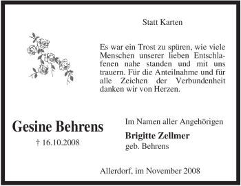 Todesanzeige von Gesine Behrens von KREISZEITUNG SYKE