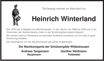 Todesanzeige von Heinrich Winterland von KREISZEITUNG SYKE