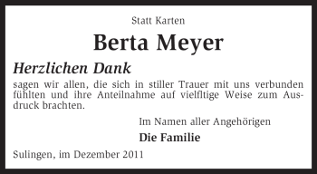 Todesanzeige von Berta Meyer von KREISZEITUNG SYKE